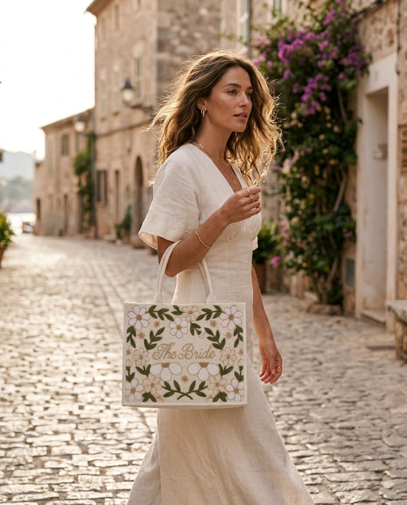 Floral Bride Mini Beaded Tote Bag