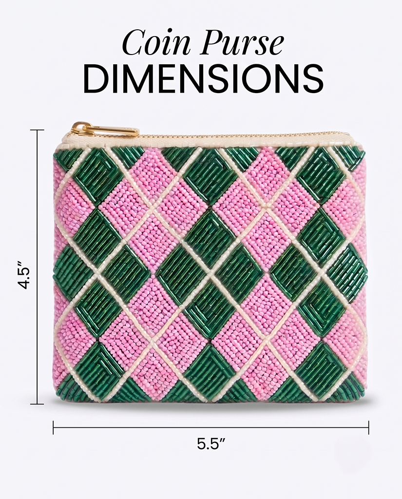 Pink Green Argyle Beaded Coin Purse