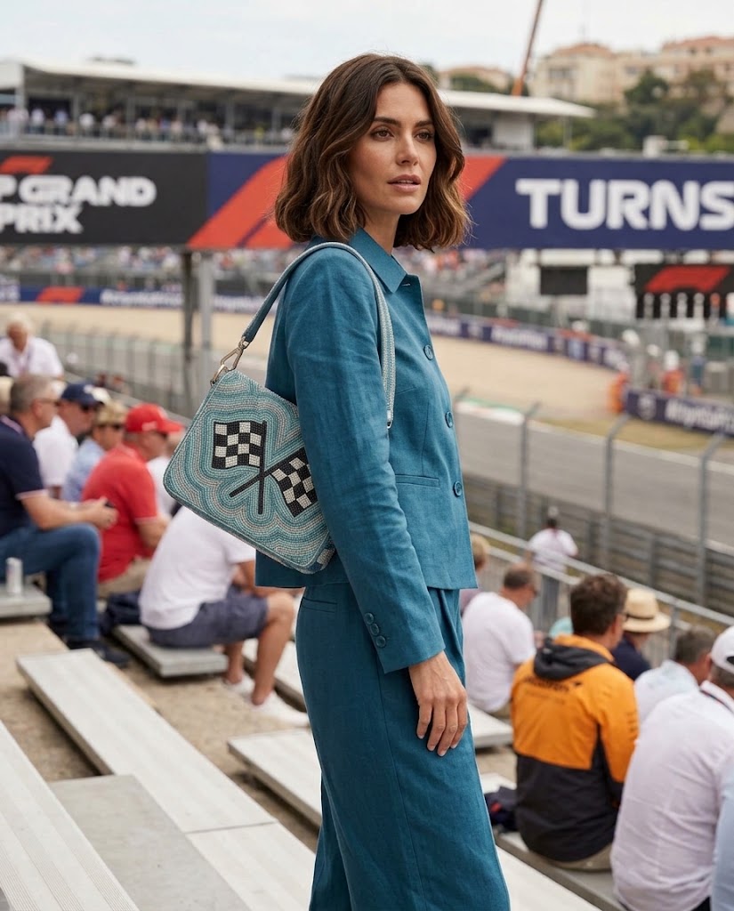 Blue Checkered Flag Beaded Racing Shoulder Bag