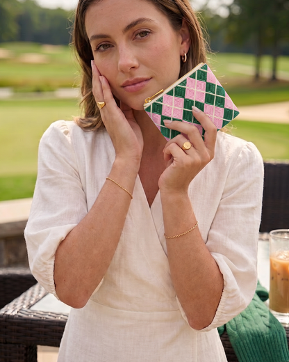 Pink Green Argyle Beaded Coin Purse