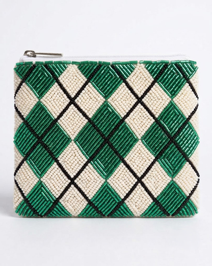 Green Argyle Beaded Coin Purse