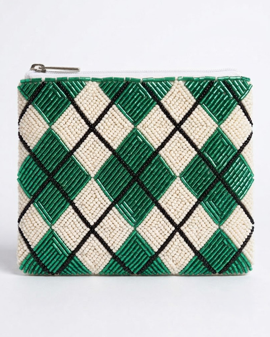Green Argyle Beaded Coin Purse