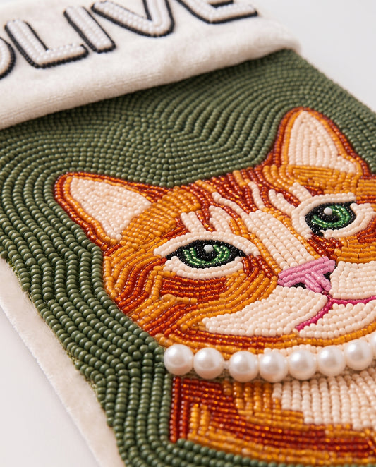Tabby Cat Pearl Collar Beaded Stocking