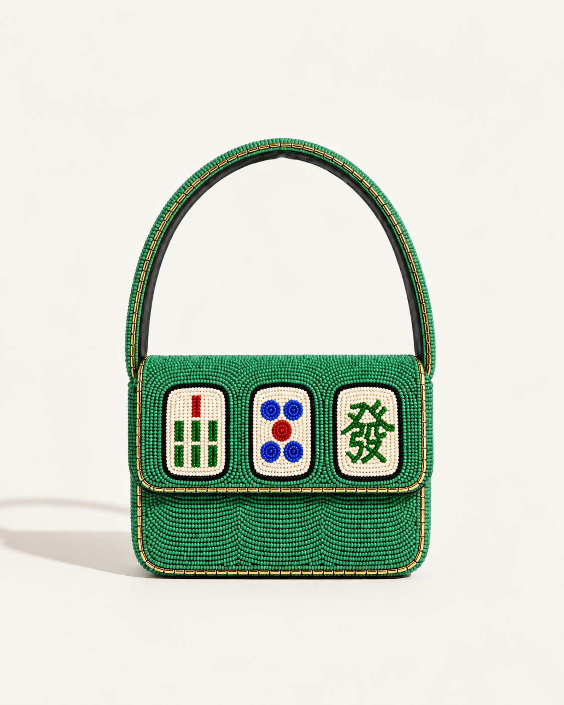 Personalized Mahjong Beaded Shoulder Bag, Custom Jade Green Beaded Mahjong Tile Purse, Handmade Game Night Handbag