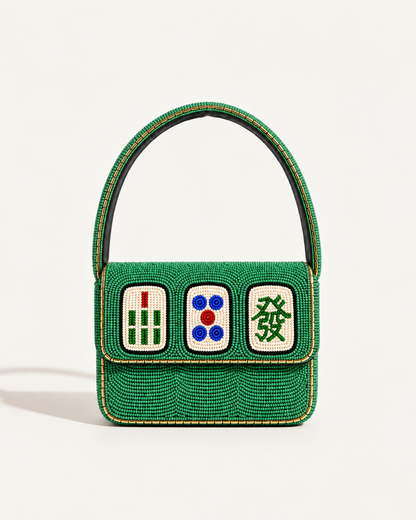 Personalized Mahjong Beaded Shoulder Bag, Custom Jade Green Beaded Mahjong Tile Purse, Handmade Game Night Handbag