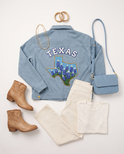 Custom Texas Bluebonnet Beaded Denim Jacket, Personalized Lone Star State Floral Trucker Jean Jacket with Name or City, Hand Beaded Coat
