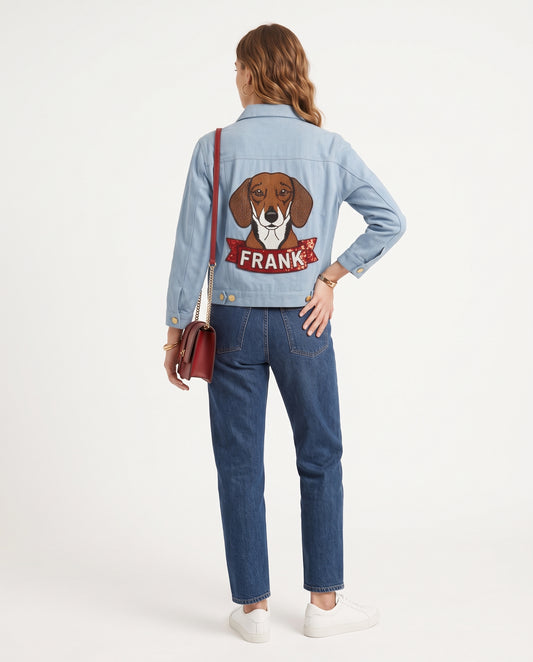 Pet Portrait Name Banner Beaded Denim Jacket