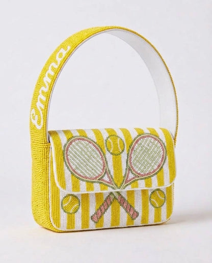 Yellow Stripe Crossed Racquets Beaded Tennis Bag