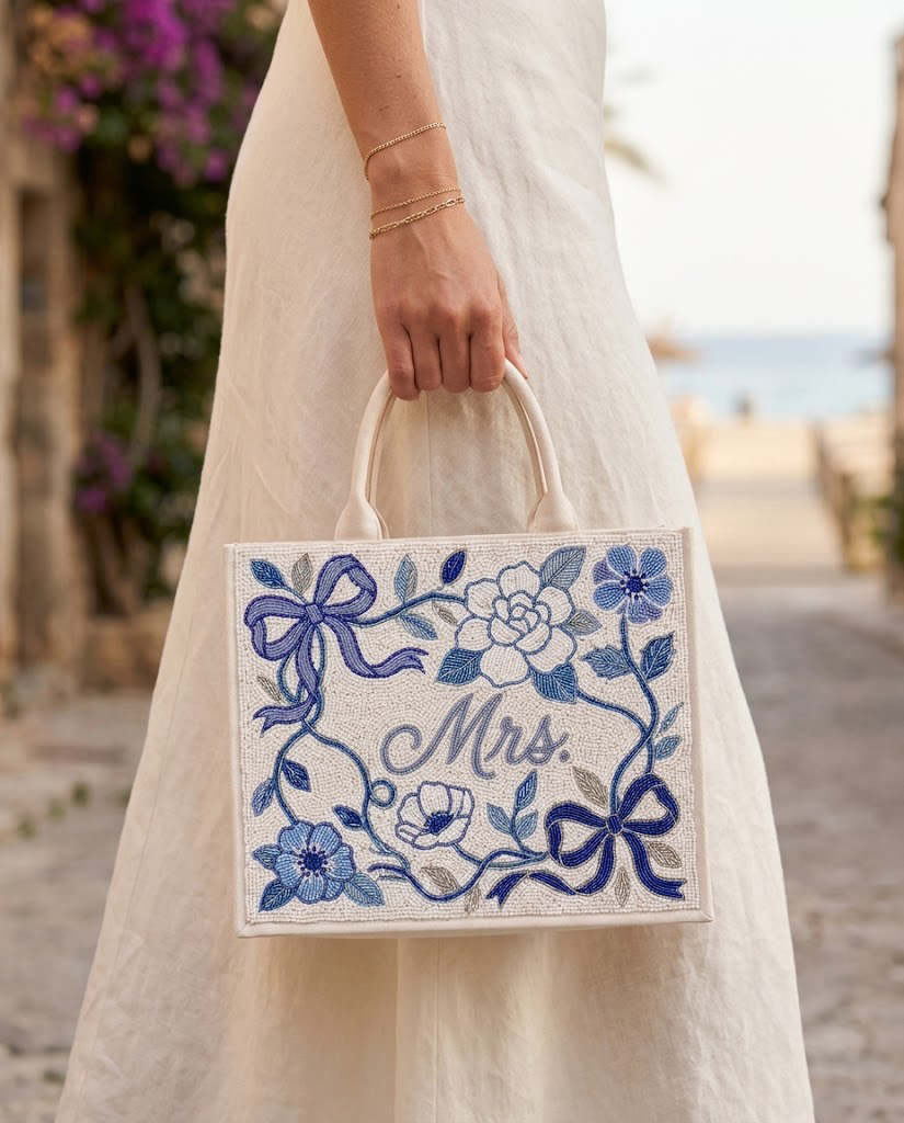 Blue Floral Mrs. Mini Beaded Tote