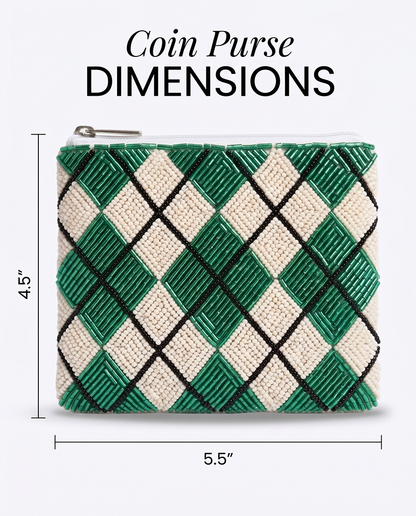 Green Argyle Beaded Coin Purse