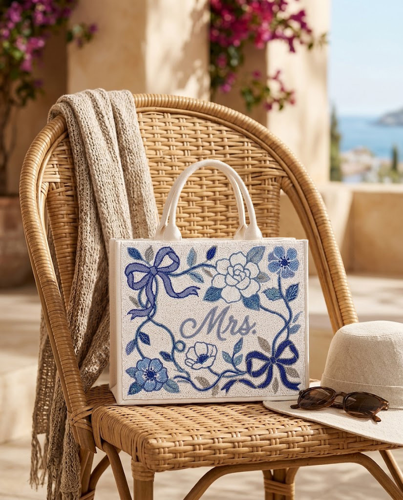 Blue Floral Mrs. Mini Beaded Tote