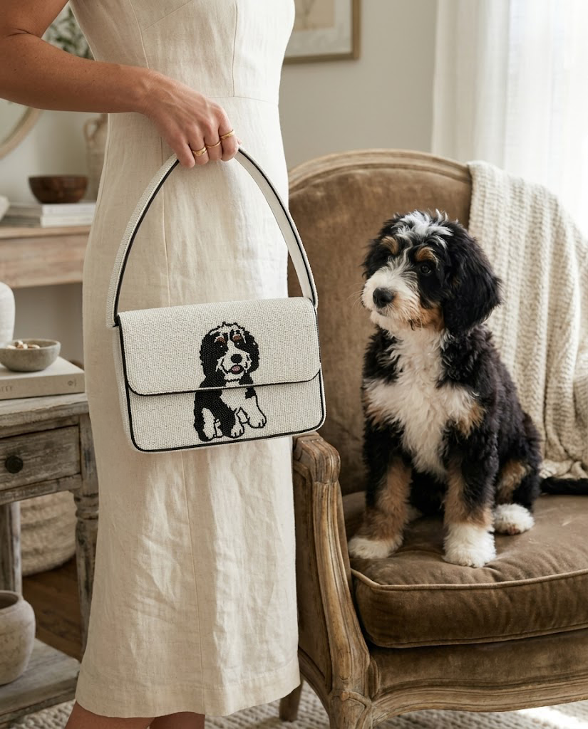 A woman in a white dress holds a handbag with a dog embroidered on it, standing next to a small brown dog sitting on a chair.