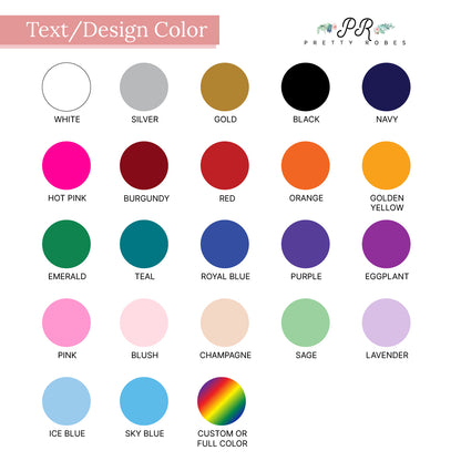 a collection of color swatches or color samples, each with a different color and description. The colors include white, silver, gold, black, navy, hot pink, burgundy, red, orange, golden yellow, teal, royal blue, purple, eggplant, mint, pink, blush, champagne, sage, lavender, and ice blue. The descriptions provided are general and not specific to any particular color.