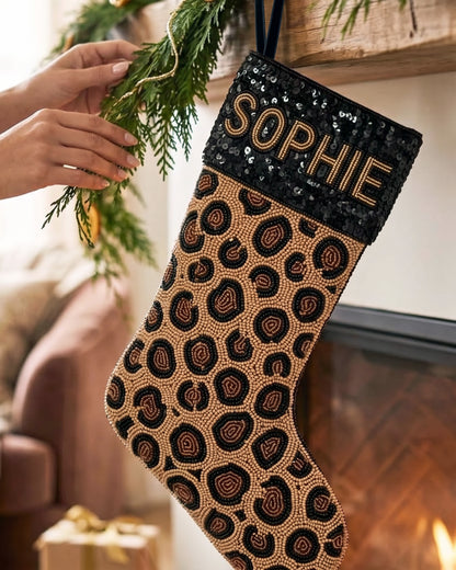 Leopard Sequin Cuff Beaded Stocking
