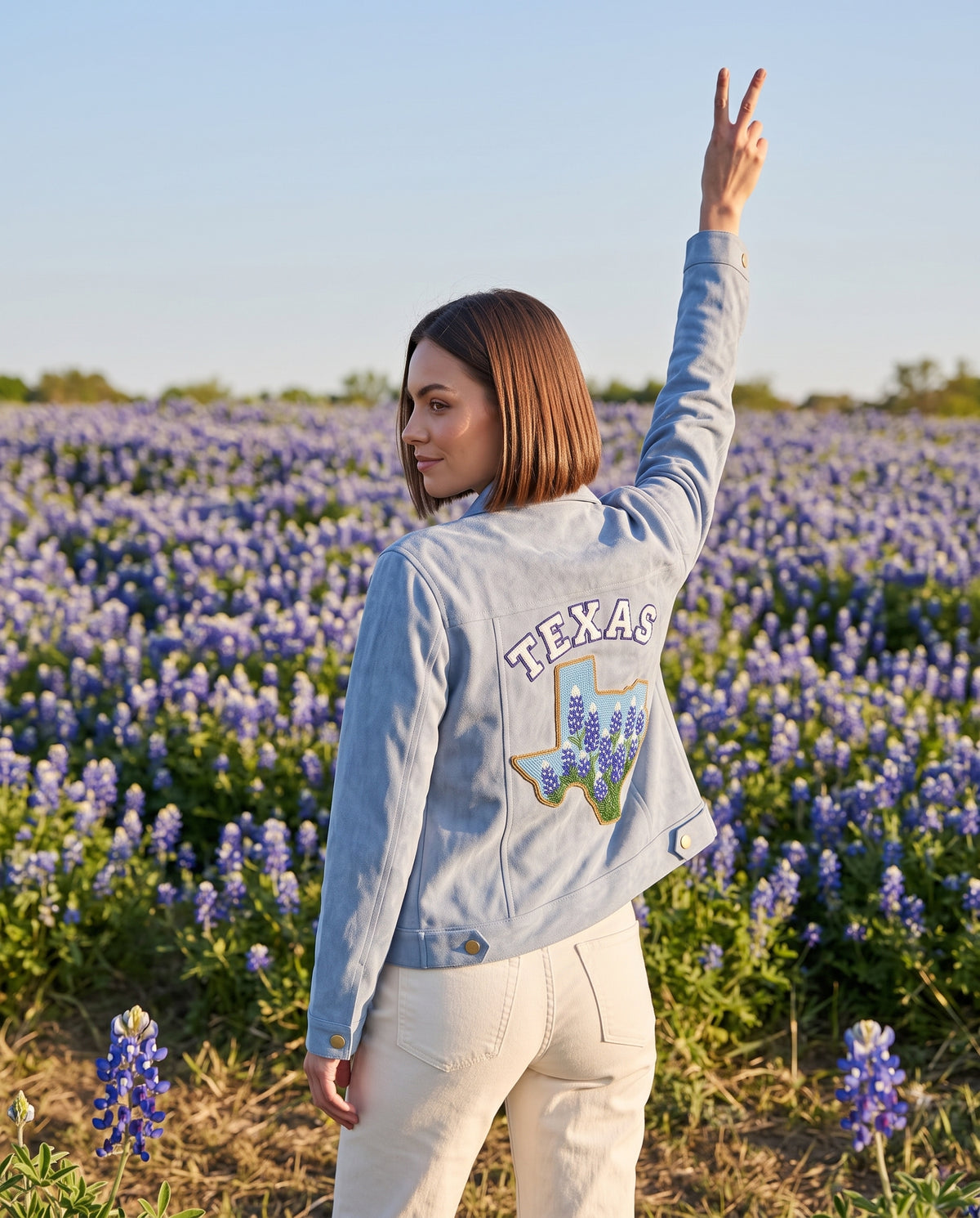 Custom Texas Bluebonnet Beaded Denim Jacket, Personalized Lone Star State Floral Trucker Jean Jacket with Name or City, Hand Beaded Coat