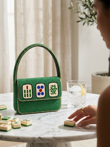 Personalized Mahjong Beaded Shoulder Bag, Custom Jade Green Beaded Mahjong Tile Purse, Handmade Game Night Handbag