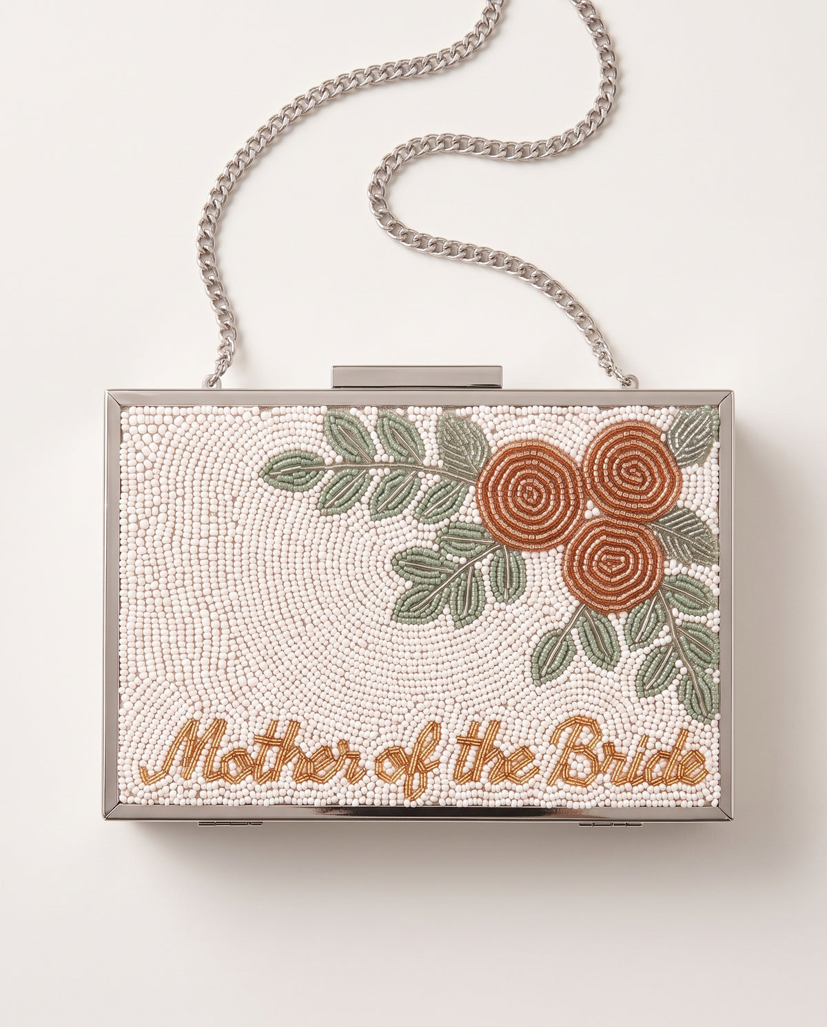 Personalized Mother of the Bride Beaded Clutch, Pearl Floral Wedding Purse with Detachable Chain, Custom Script Bridal Party Evening Bag