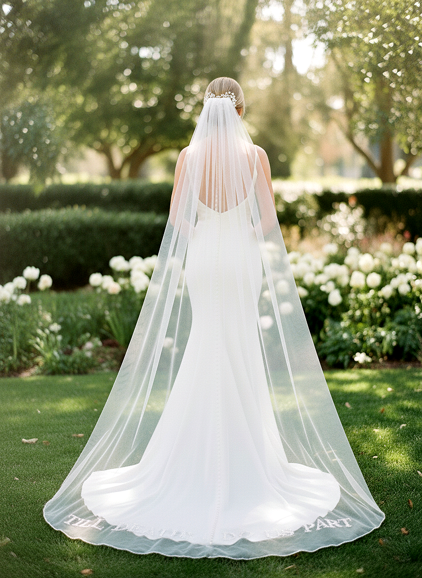 A bride in a white wedding dress stands in a garden, facing away from the camera, with a long white veil and flowers in the background.