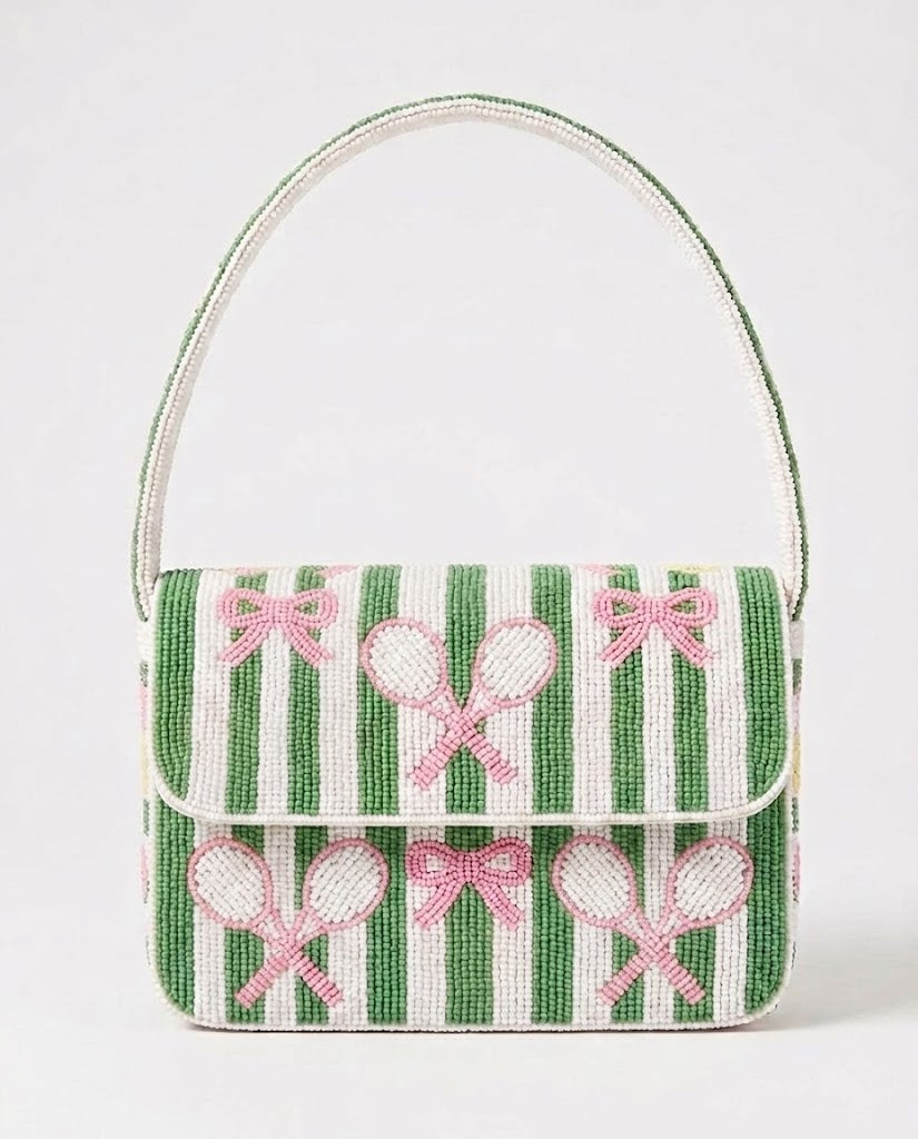 Green Stripe Pink Bow Tennis Beaded Bag