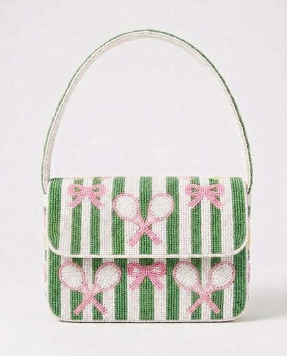 Green Stripe Pink Bow Tennis Beaded Bag