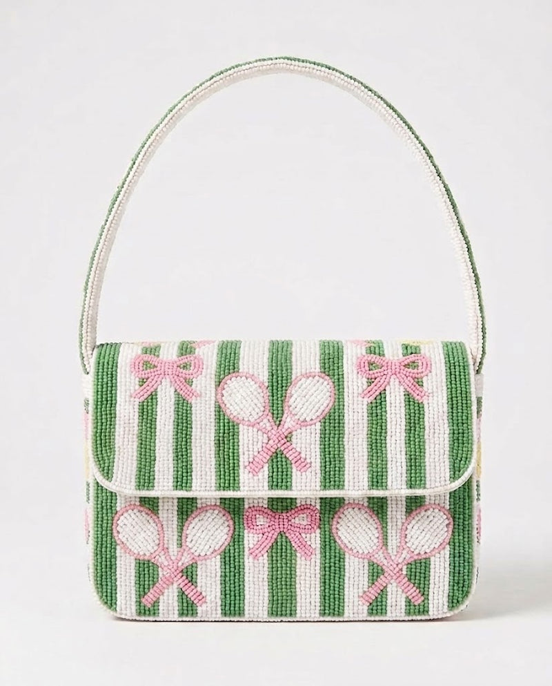 Green Stripe Pink Bow Tennis Beaded Bag