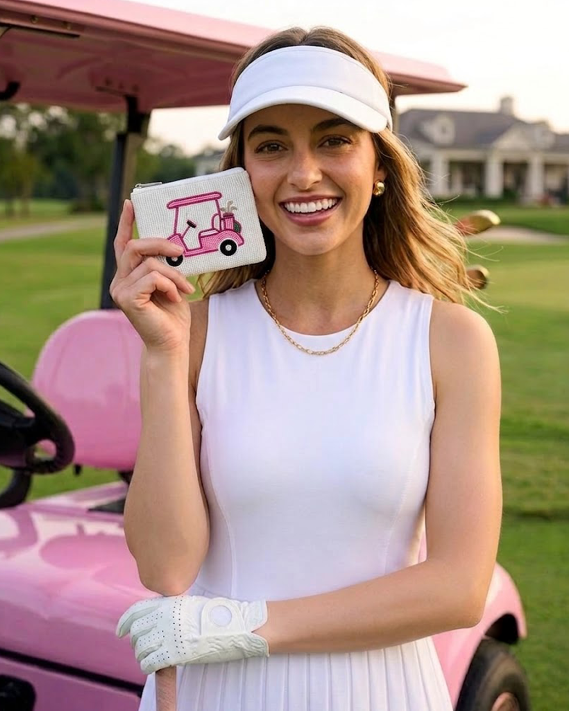 Pink Golf Cart Beaded Coin Purse