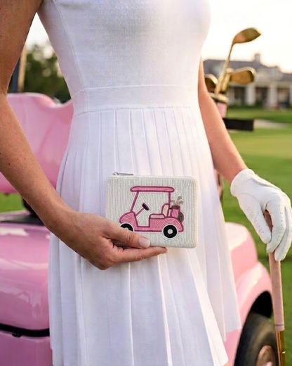 Pink Golf Cart Beaded Coin Purse