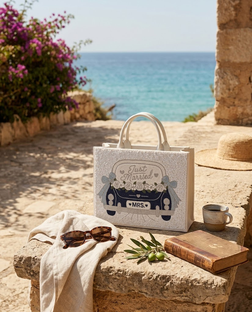 Just Married Mini Beaded Tote Bag