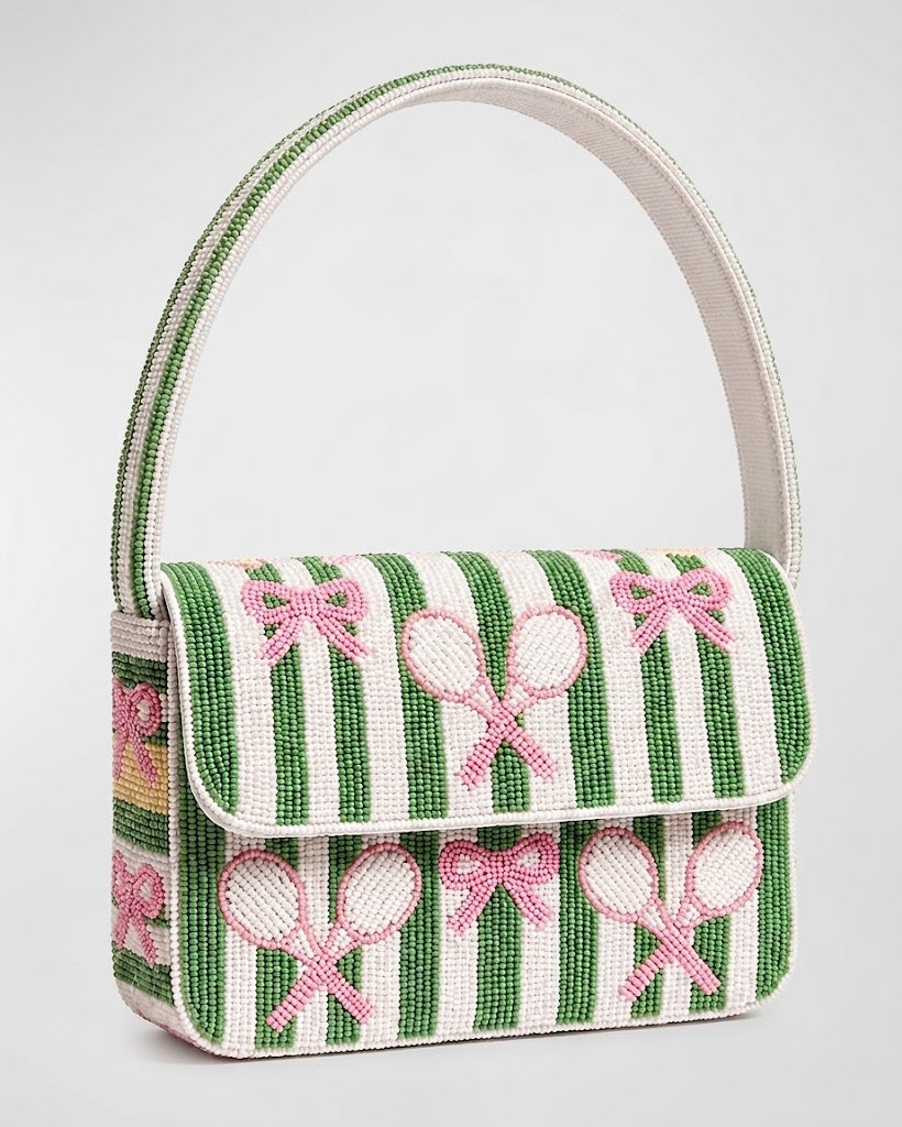 Green Stripe Pink Bow Tennis Beaded Bag