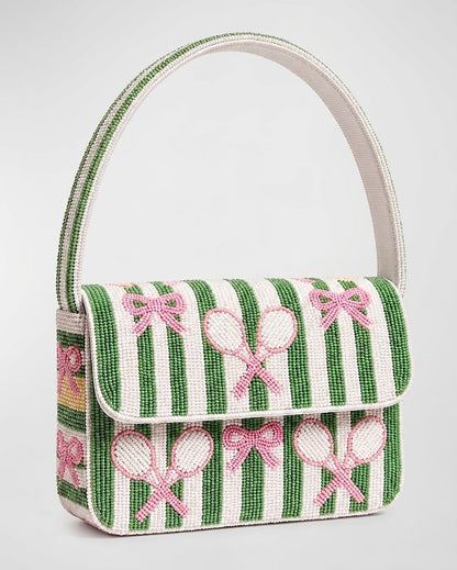 Green Stripe Pink Bow Tennis Beaded Bag