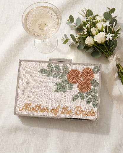 Personalized Mother of the Bride Beaded Clutch, Pearl Floral Wedding Purse with Detachable Chain, Custom Script Bridal Party Evening Bag
