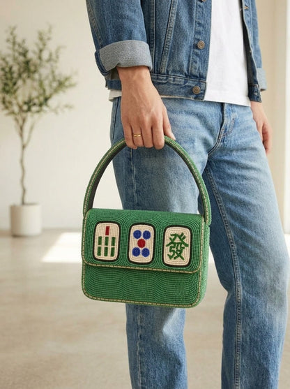 Personalized Mahjong Beaded Shoulder Bag, Custom Jade Green Beaded Mahjong Tile Purse, Handmade Game Night Handbag