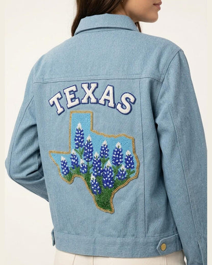 Custom Texas Bluebonnet Beaded Denim Jacket, Personalized Lone Star State Floral Trucker Jean Jacket with Name or City, Hand Beaded Coat