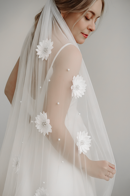 A woman wearing a white wedding dress with a veil adorned with white flowers.