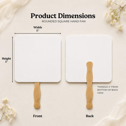 two white square hand fans with wooden handles, labeled with their dimensions and features.
