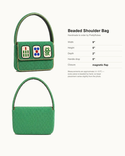 Personalized Mahjong Beaded Shoulder Bag, Custom Jade Green Beaded Mahjong Tile Purse, Handmade Game Night Handbag
