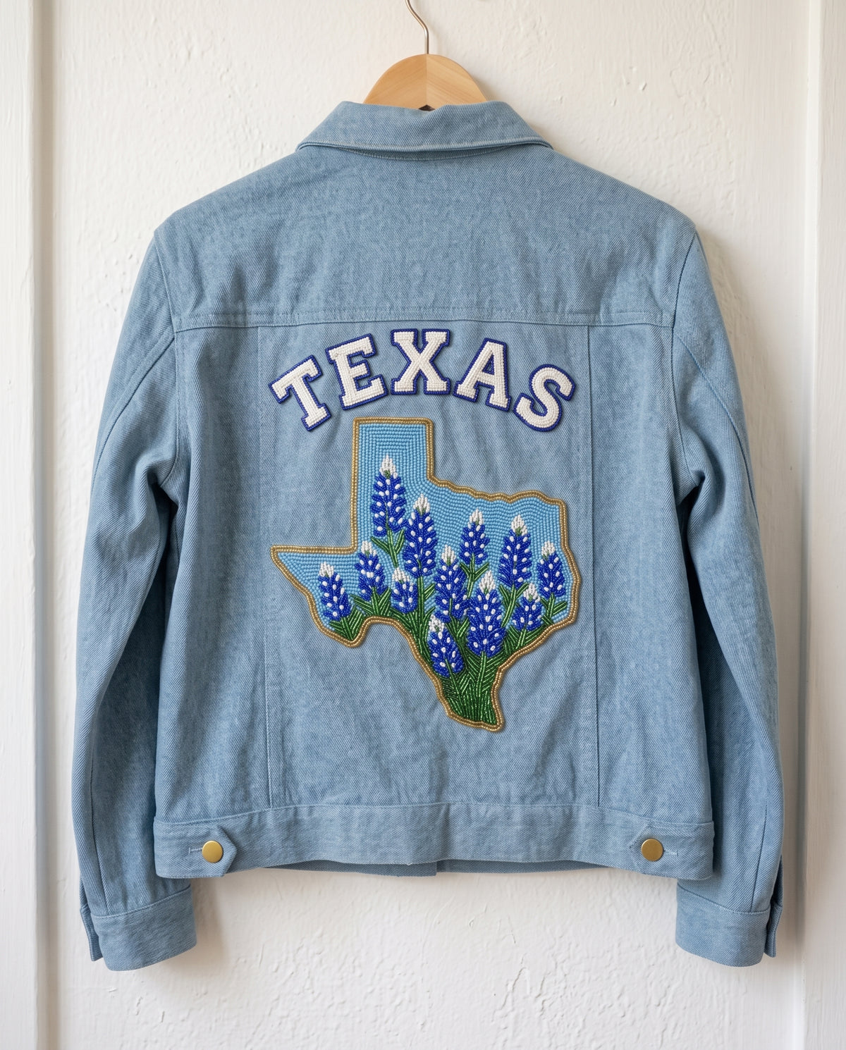 Custom Texas Bluebonnet Beaded Denim Jacket, Personalized Lone Star State Floral Trucker Jean Jacket with Name or City, Hand Beaded Coat