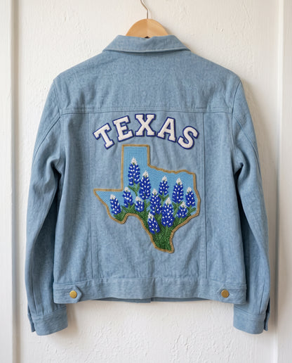 Custom Texas Bluebonnet Beaded Denim Jacket, Personalized Lone Star State Floral Trucker Jean Jacket with Name or City, Hand Beaded Coat