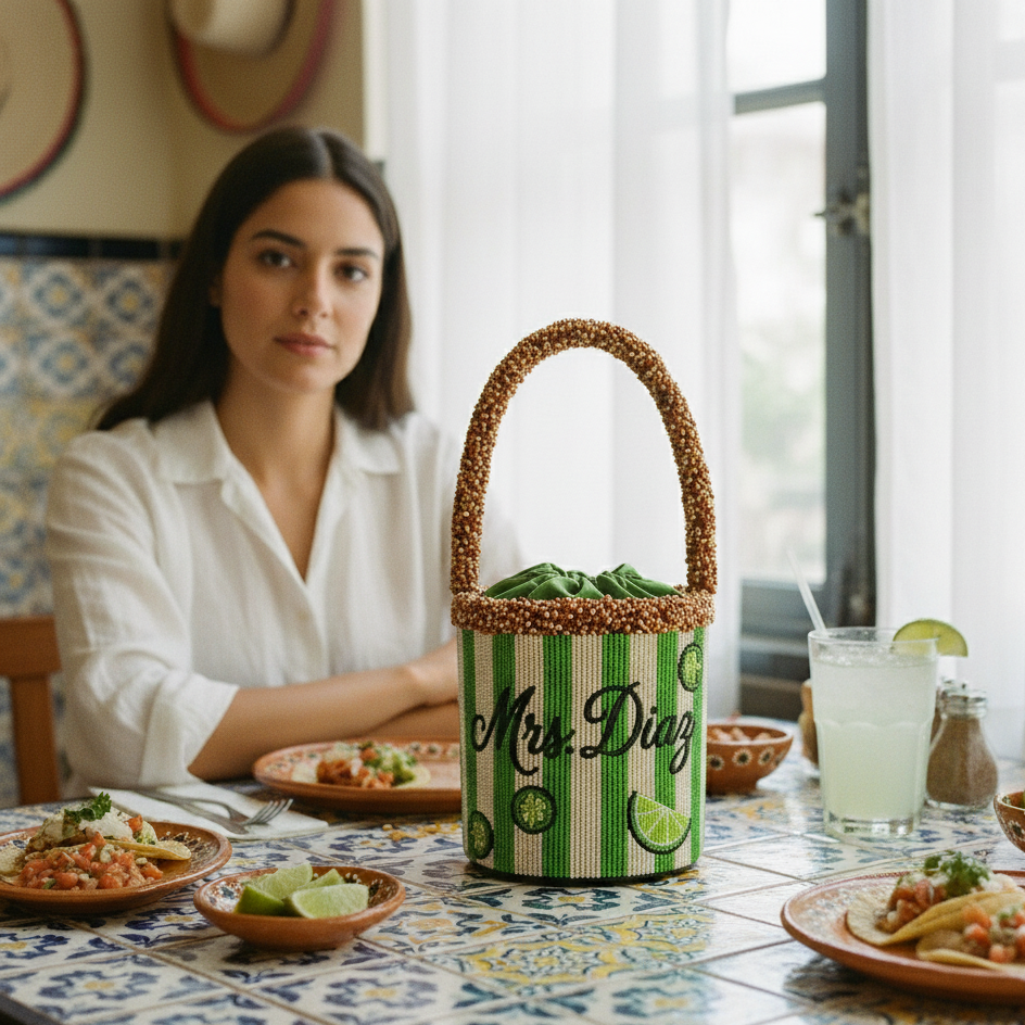 Lime Stripe Beaded Bag
