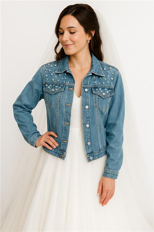 a woman in a wedding dress and denim jacket