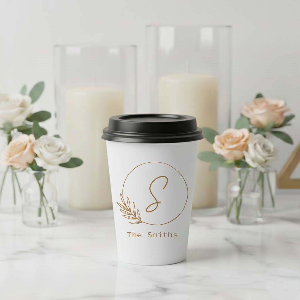 A white coffee cup with a black lid and gold lettering, featuring the initials 'S' and the text 'The Smiths', is placed on a marble surface. In the background, there are two glass vases with white flowers, and two candles.