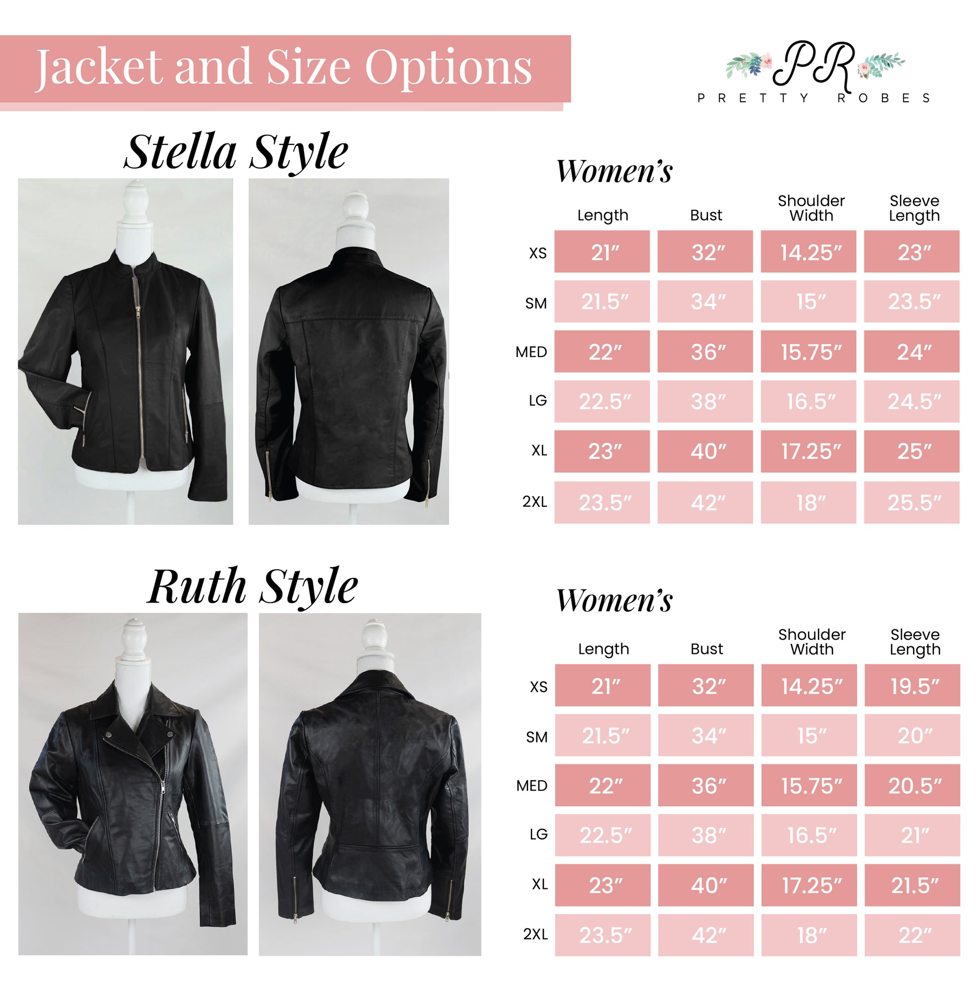 a collection of jackets and sizes for women, including Stella Style and Ruth Style options.