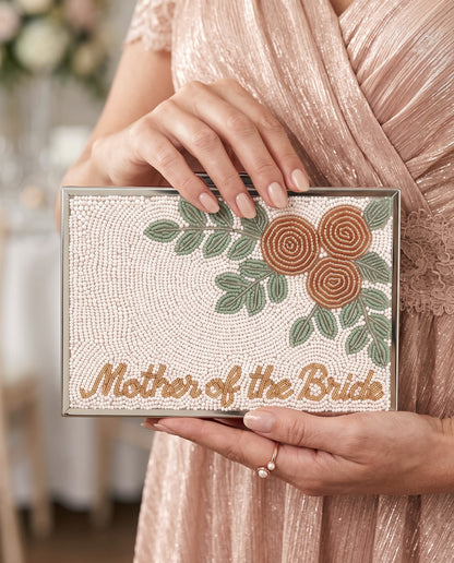 Personalized Mother of the Bride Beaded Clutch, Pearl Floral Wedding Purse with Detachable Chain, Custom Script Bridal Party Evening Bag