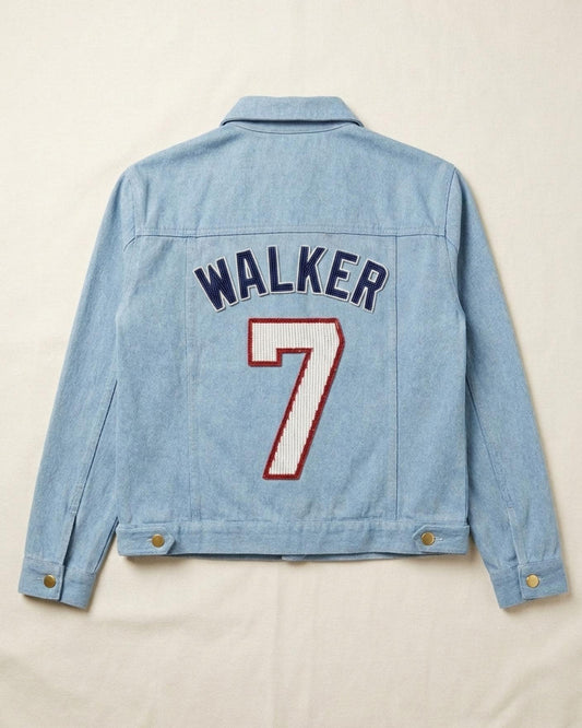 Custom Beaded Denim Jacket with Baseball Name and Number, Personalized Game Day Jersey Jacket, Hand Beaded Team Number Jean Jacket