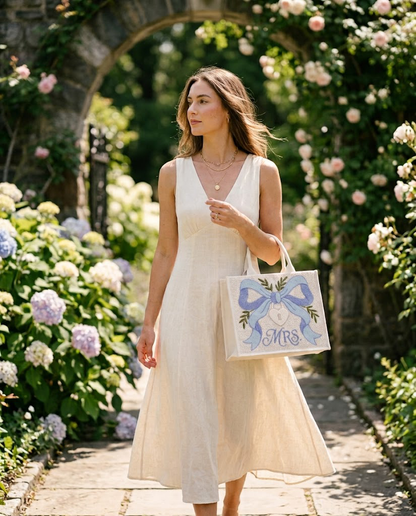 Blue Bow Lock Mrs. Mini Beaded Tote Bag
