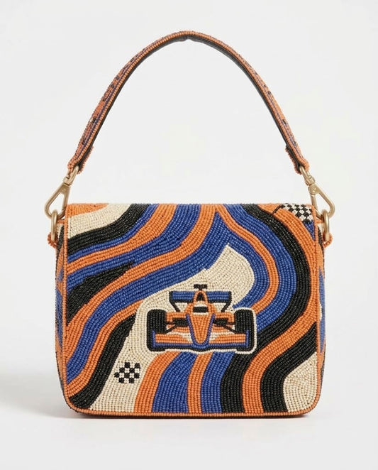Orange & Blue Race Car Beaded Shoulder Bag