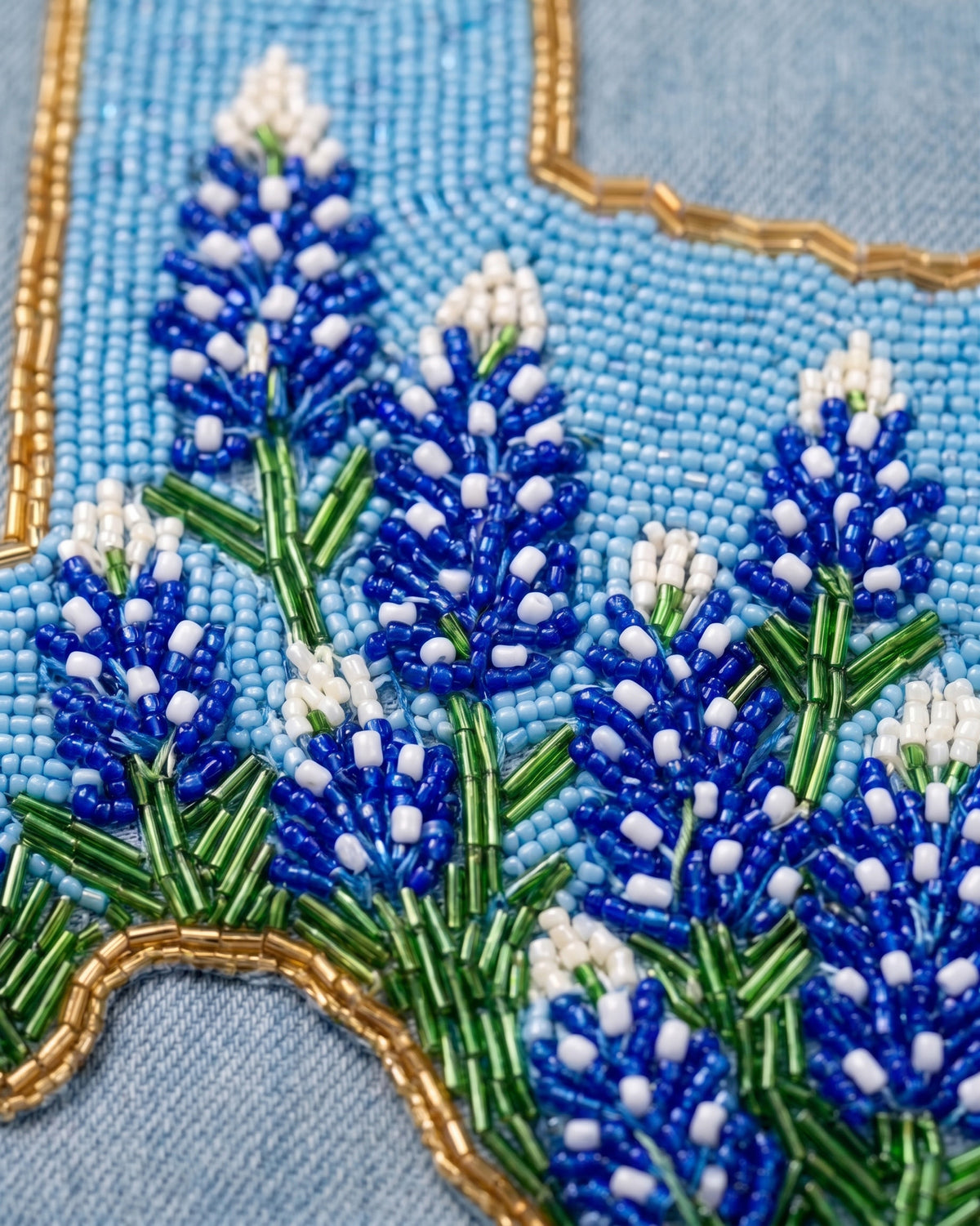Custom Texas Bluebonnet Beaded Denim Jacket, Personalized Lone Star State Floral Trucker Jean Jacket with Name or City, Hand Beaded Coat