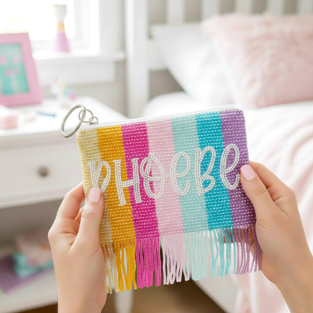 A person's hands holding a colorful, hand-made bag with fringed edges and the name "PHOEBE" written on it.