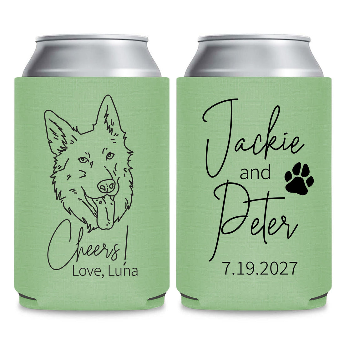 two green beverage coolers with black text and graphics. The text on the coolers reads "Jackie and Peter" and "Love, Luna", along with a paw print and a date "7.19.2027".