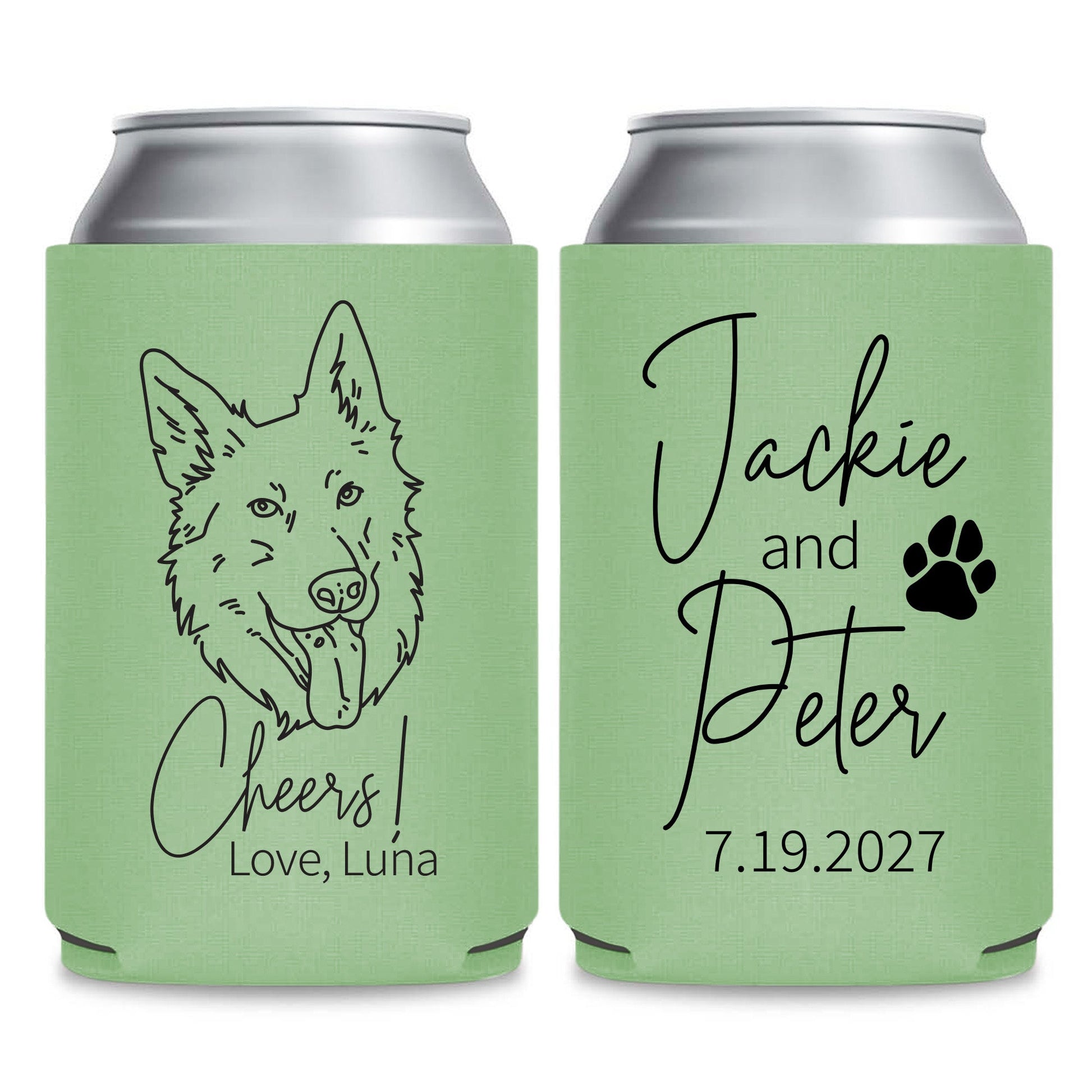 two green beverage coolers with black text and graphics. The text on the coolers reads "Jackie and Peter" and "Love, Luna", along with a paw print and a date "7.19.2027".